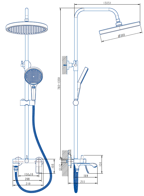 Смеситель для ванны с верхним душем, Linea Brushed Gold, CETUS, CSLBG53553GY-05-S2192