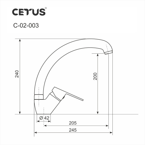 Смеситель кухонный однорычажный с высоким поворотным изливом Cetus С-02-003 серый